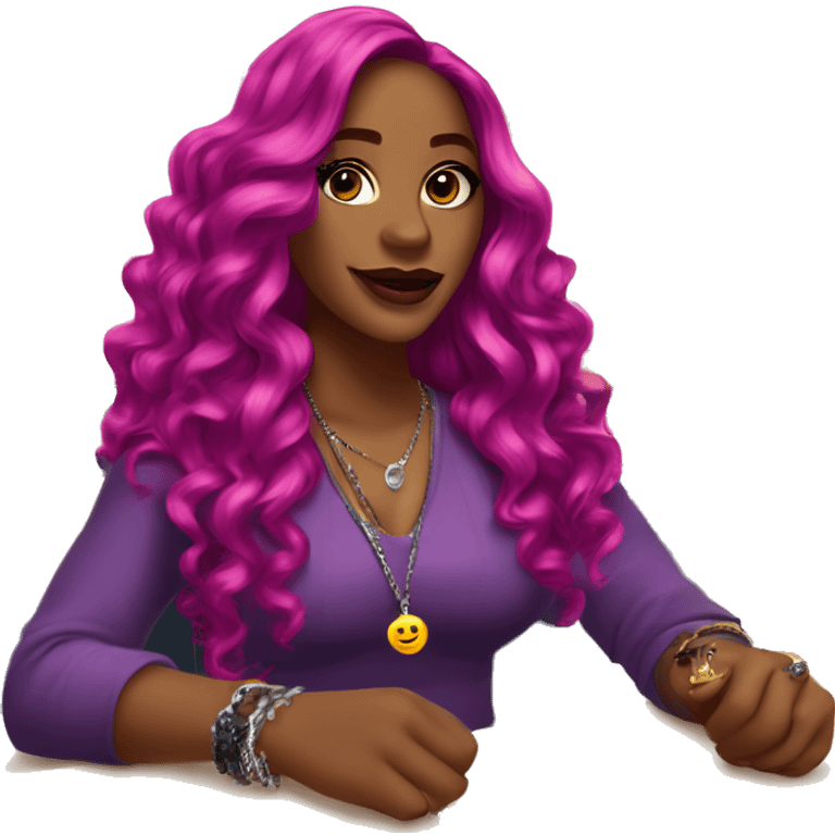 🧍🏾‍♀️💁🏾‍♀️✨ Long wavy magenta hair, glossy lips, stylish with jewelry and lanyard, posing confidently with a hand gesture, in a classroom setting.” emoji