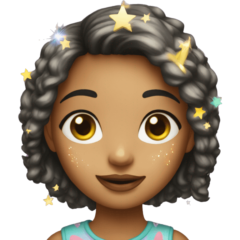 A funky girl with a tuna t shirt and stars on her face and sparkles in her hair that is a bob emoji