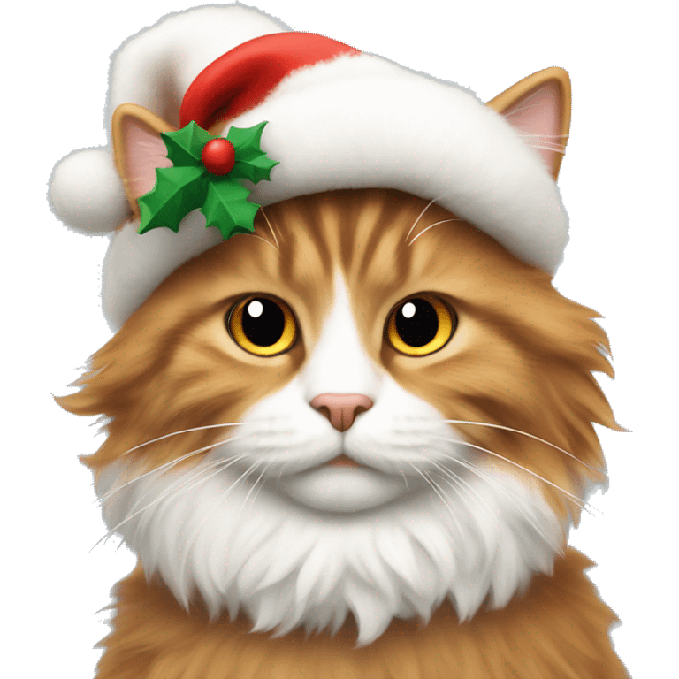 White, black and ginger fluffy cat with Christmas hat emoji