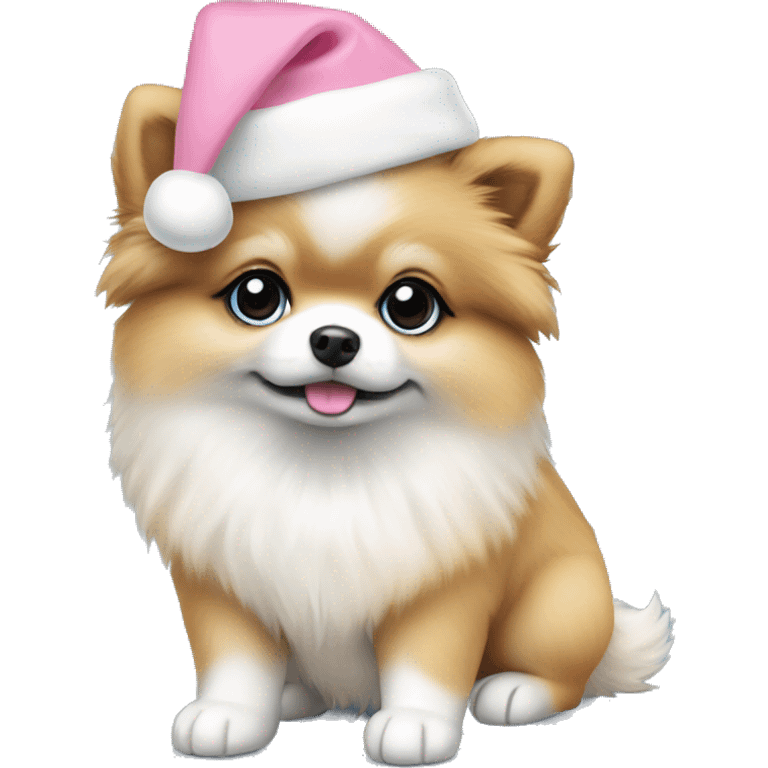 pomeranian puppy full body light blue eyes pink christmas hat on emoji