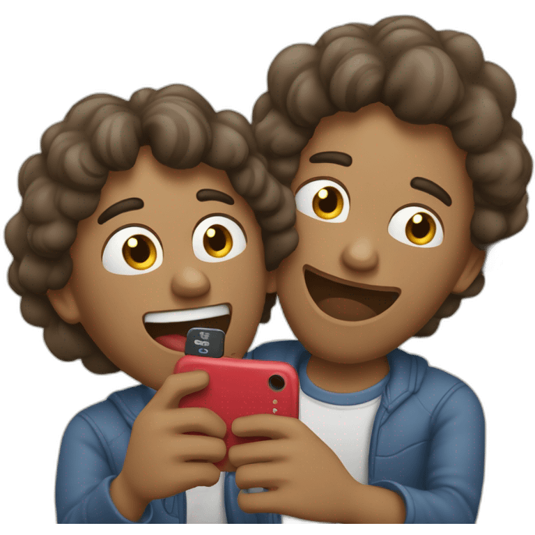 dois amigos abraçados comemorando celular emoji