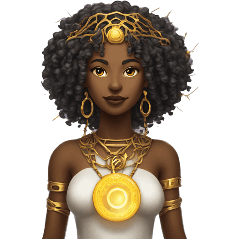 Technomancy Goddess is a mystical being who controls both magic and technology. She can cast spells on technological networks. Her powers blend the ancient art of magic with advanced cybernetics and technology. She can command machines emoji