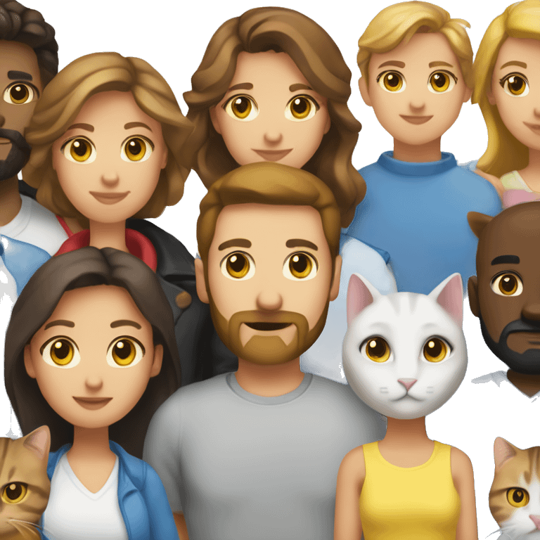 Family emoji: 1 man with brown eyes brown hair and brown beard,1  woman with blue eyes brown hair, a black-white cat with yellow eyes , red-gray-white cat and yellow eyes emoji