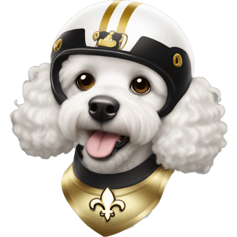 White poodle wearing a black football helmet with gold stripe and gold fleur de lis emblem emoji