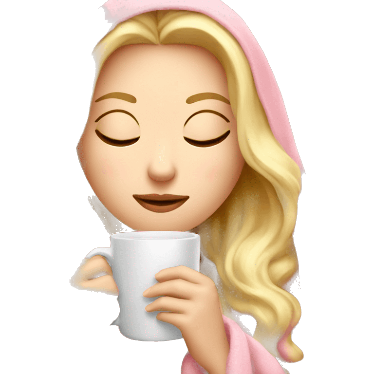 blonde white girl inside a pink blanket sipping coffee eyes closed emoji