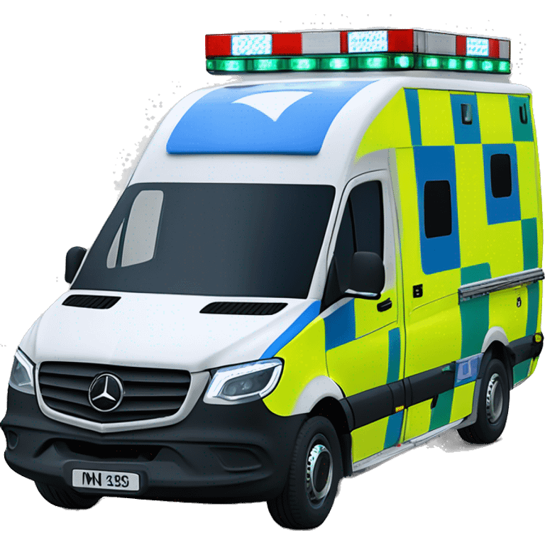 British NHS Mercedes sprinter ambulance, yellow body, with green and yellow checkerboard print strip along the bottom. NHS blue and white logo on the side. Blue flashing lights.  emoji