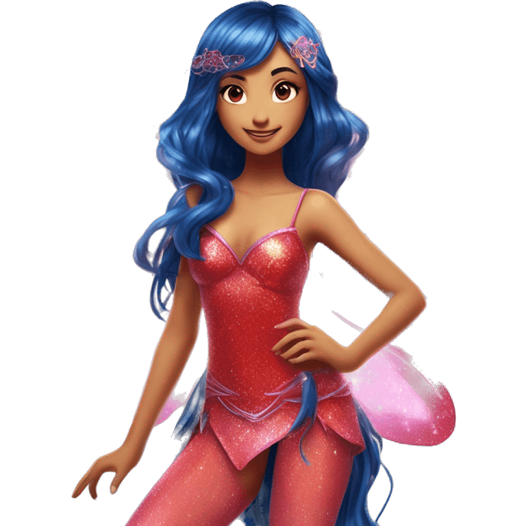 Musa asian adult fairy of music in her enchantix fairy red sparkling two-piece clothing and fairy enchantix wings and long dark blue hair in pigtails from winx club. Lots of sparkles and fairydust. Full body pic and full fairy bliss emoji