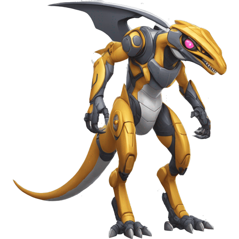 Colorful Edgy Greymon-Velociraptor-Genesect-Fakémon-Pokémon wearing a with a futuristic visor-helmet And Mecha-suit Full Body emoji