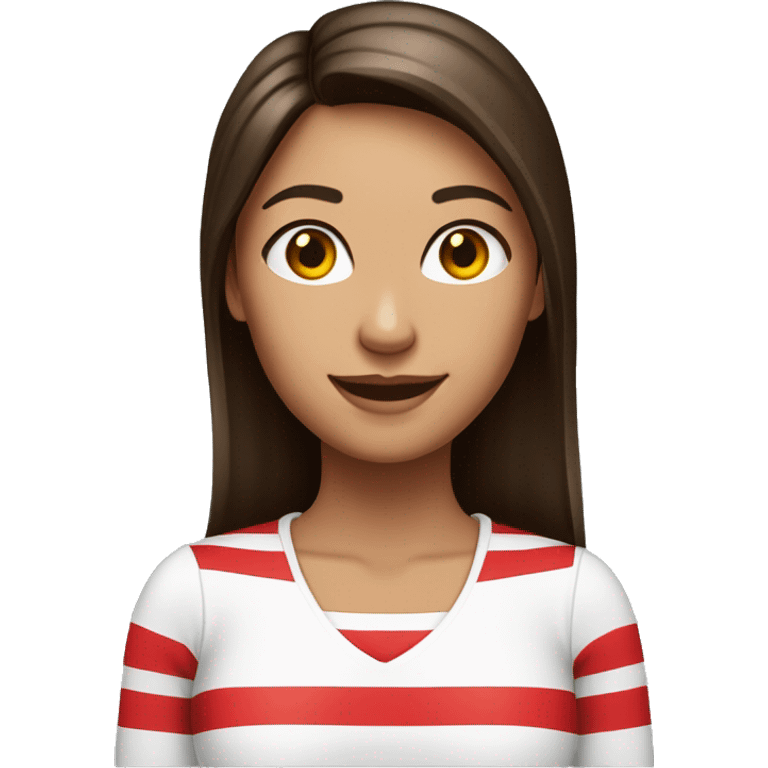 Portrait of an adult girl, tanned skin, dark long straight brown hair, dark eyes, smiling, wearing a white long sleeve with red horizontal stripes. emoji