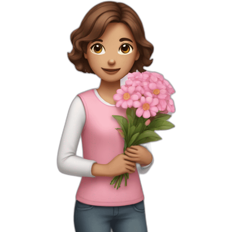 A girl with brown hair is holding a bouquet of pink flowers emoji