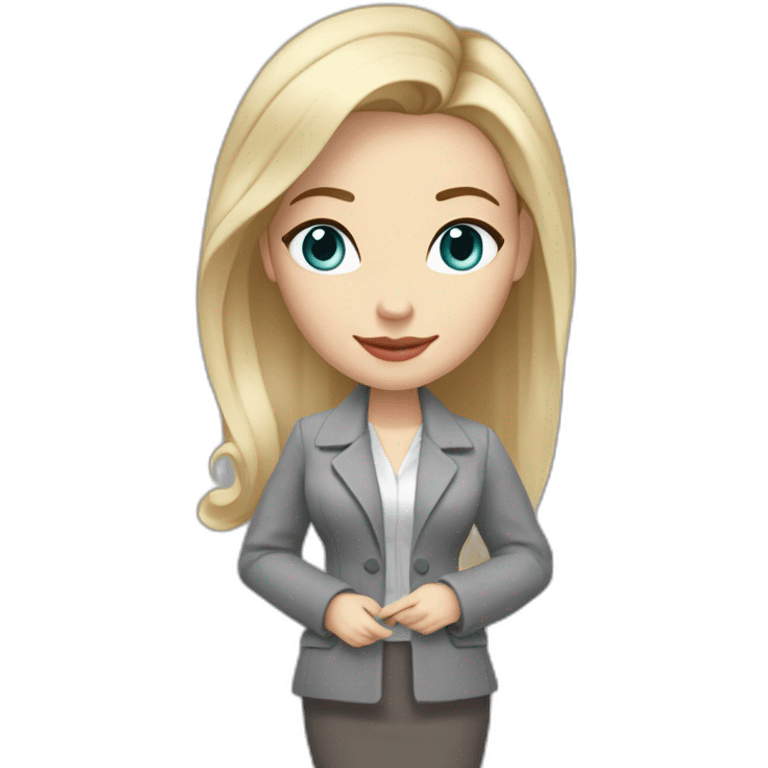 full height pale skin woman with cold blonde straight middle length hair, care haircut, White blouse, Gray oversize jacket, Gray skirt holding a color palette in the hands emoji