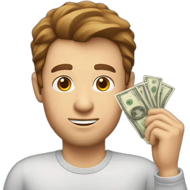 caucasian man with brown hair holding money emoji