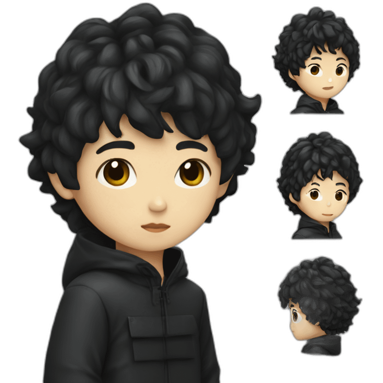 A Japanese-style short-haired Chinese boy wearing a cool black oversize waterproof jacket (the hair is a little curly) emoji