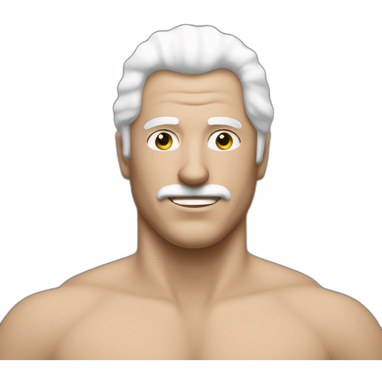 A white hair man in speedo with a Friday the 13rh mask emoji