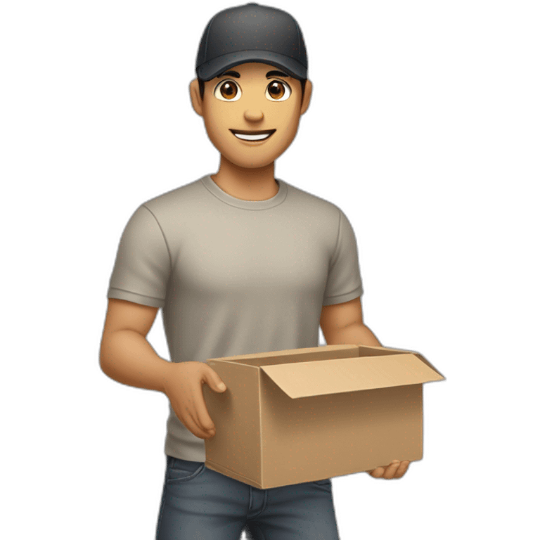 Tan skinned fit Man with black hair in a dark gray cap, gray jeans and beige polo T-shirt keeping a pasted box into his hands emoji