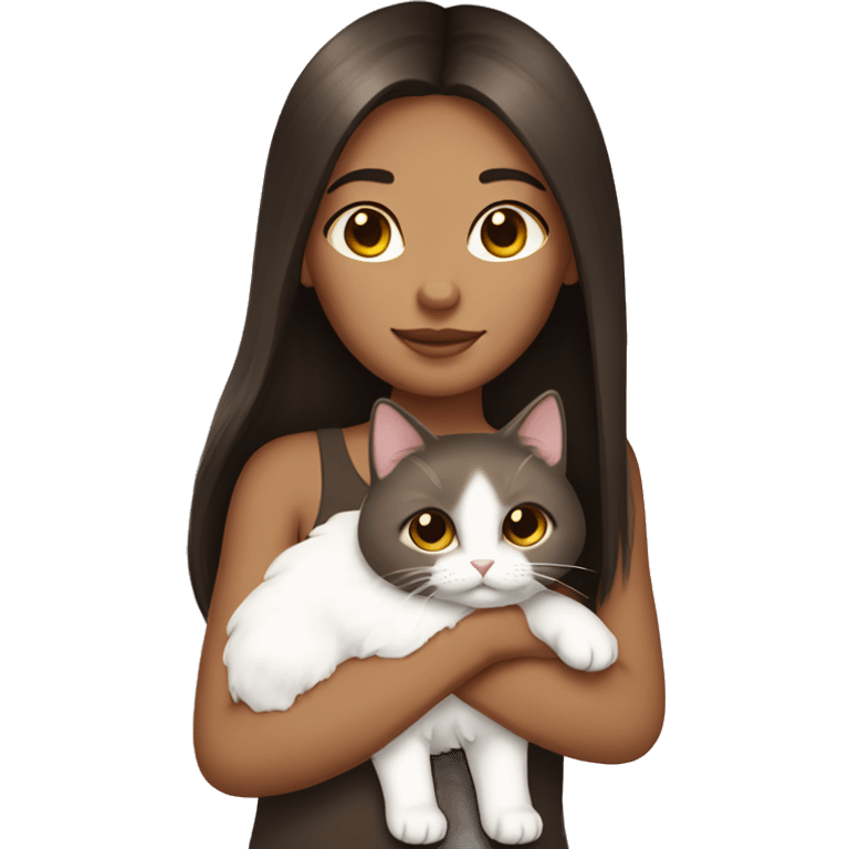 Dark brown straight hair girl holding white fluffy cat  emoji