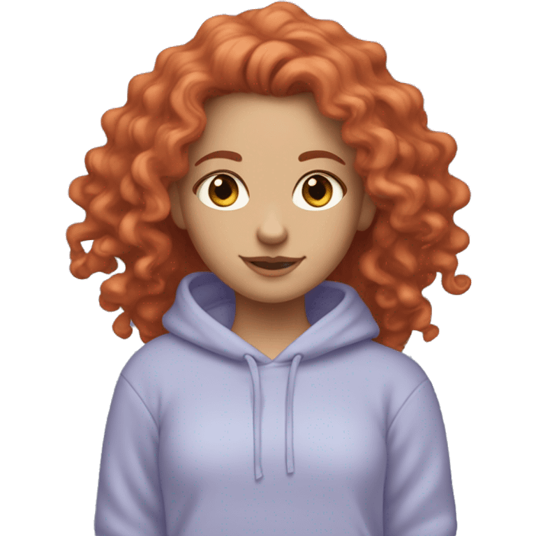 white girl with long red curly hair, wearing a pastel periwinkle hoodie doing a pose emoji