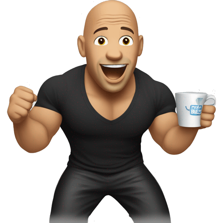 Vin Diesel cheering with cup of black coffee steaming emoji