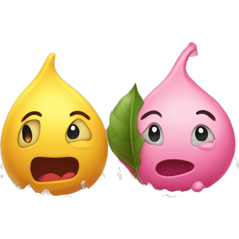 Two adorable, water drop emoji-like figures with emoji head, a yellow one with green leaves a pink one with red leaves, hog standing on a wet surface, with their r emoji