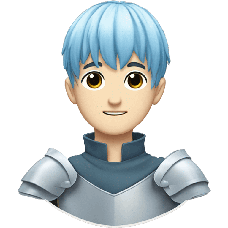 Himmel from the anime Frieren. He has blue bowl cut hair. He's white. He's a knight. He has elongated eyes. His skin is white. emoji