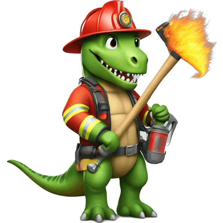 Dinosaur firefighter with hose and axe emoji