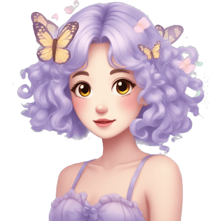 gorgeous anime pastel lady with butterflies and beautiful hair fairycore cottagecore emoji