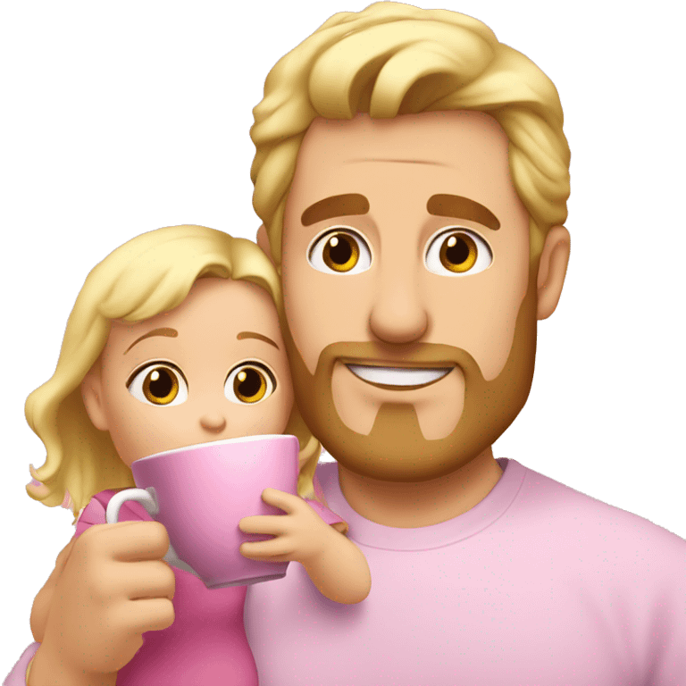 blonde dad drinks tea in pink cup with his babydaughter emoji