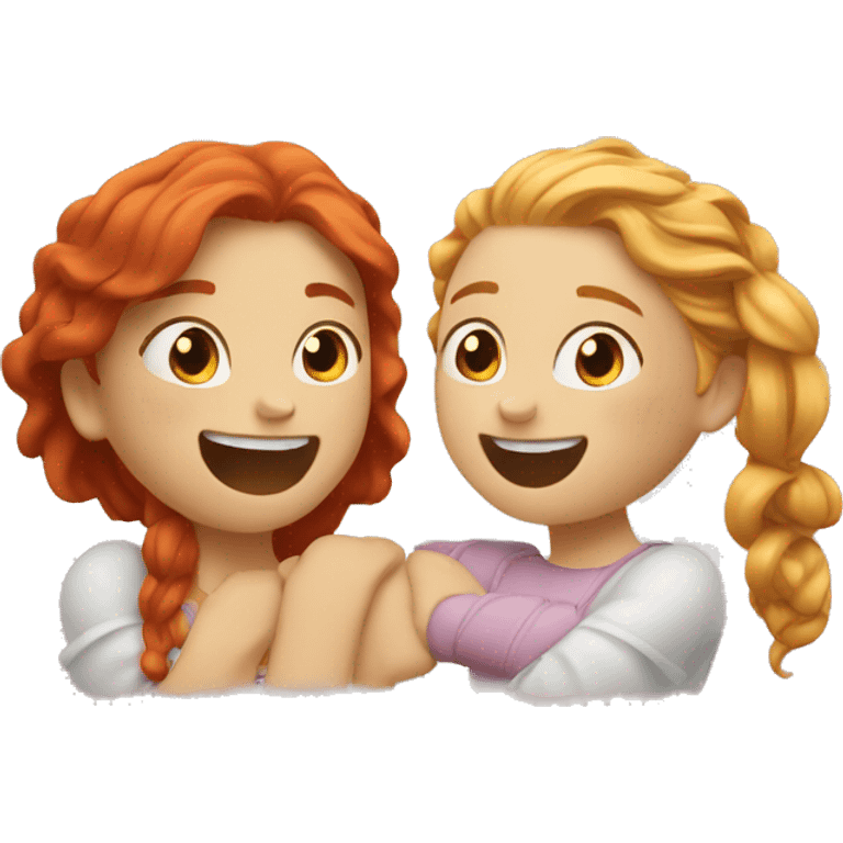 Two girls, one is redhead, the other is blonde, they hug and laugh emoji