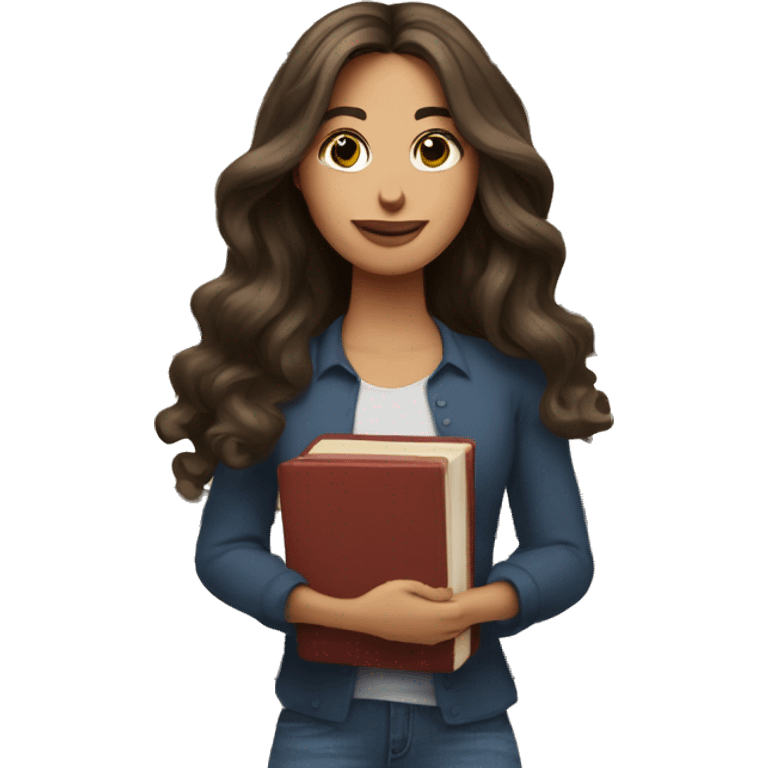 brunette long wavy hair beautiful woman while holding stack of books emoji