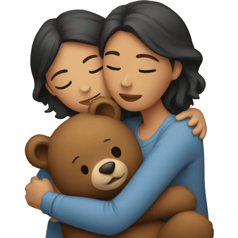 Two women hugging a bear emoji