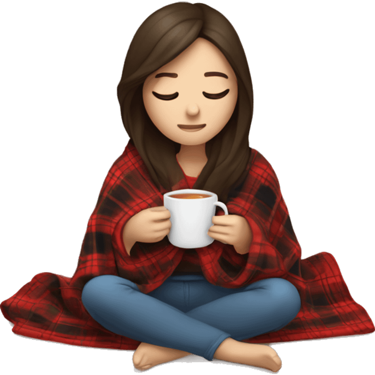 A brunette tween who has the stomach flu and is resting wrapped in a plaid blanket with a hot cup of tea emoji