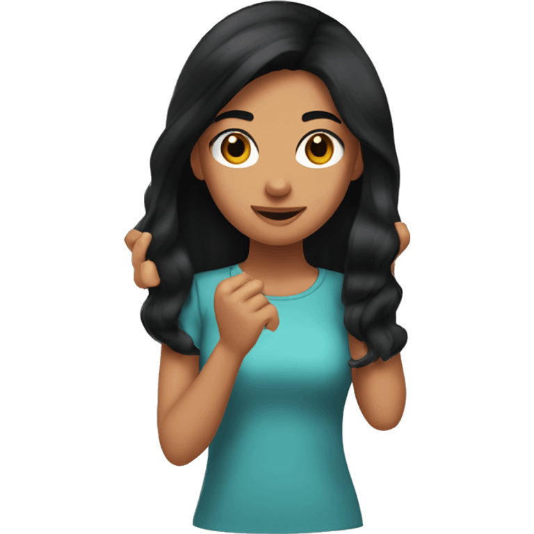 Girl with black hair and olive skin, flipping hair with hand emoji