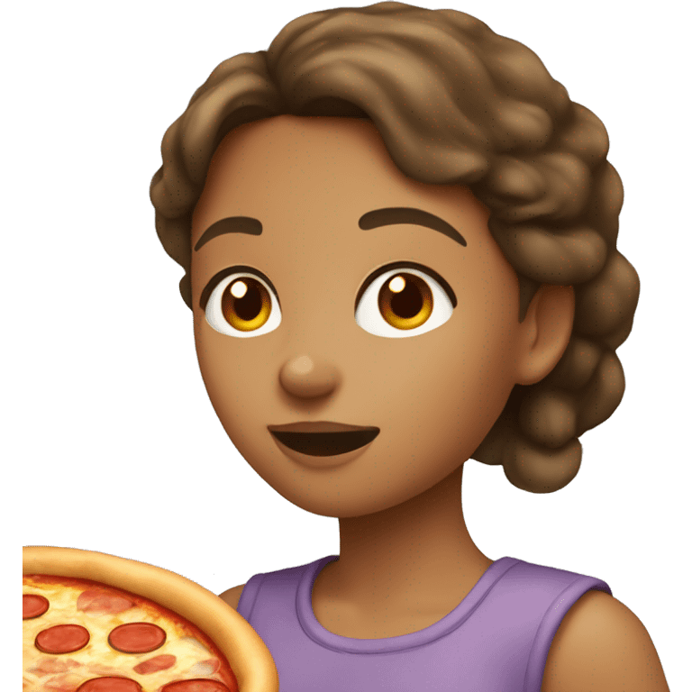 Girl with brown hair and tan skin eating pizza emoji