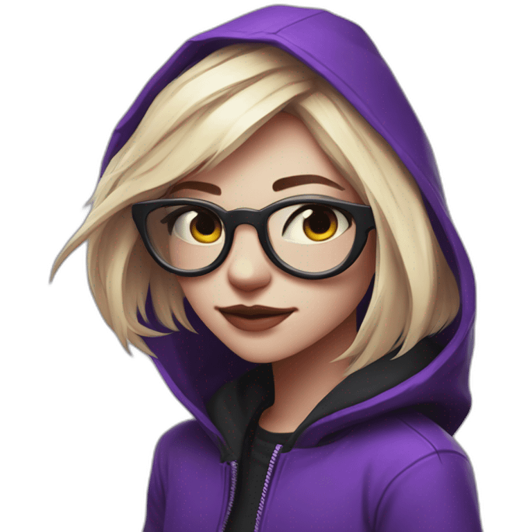 Girl blond artist with round glasses left side behind his laptop with this style: valorant riot Game purple character purple black hooded hacker themed character emoji