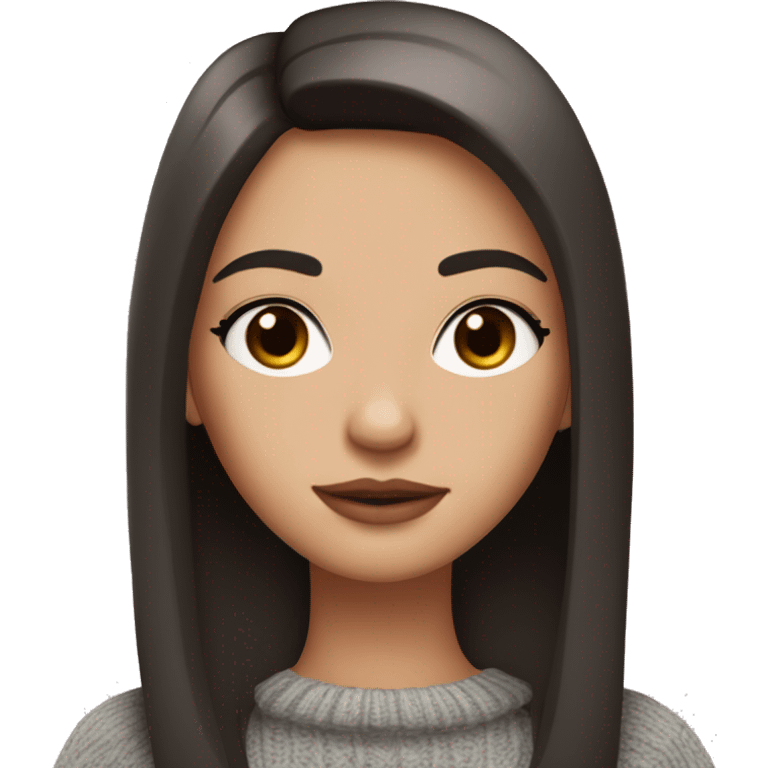 the girl has fair skin, dark straight hair, sweater, brown eyes, pink lips, long eyelashes emoji