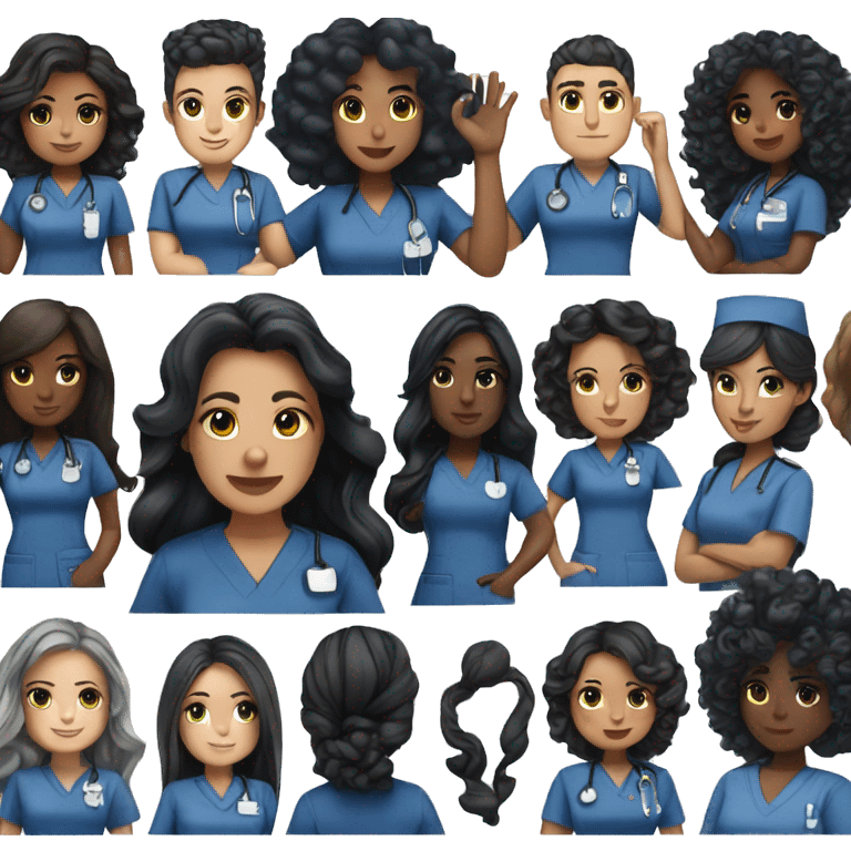 Nurse wearing navy blue scrubs long black hair with curls brown skin emoji