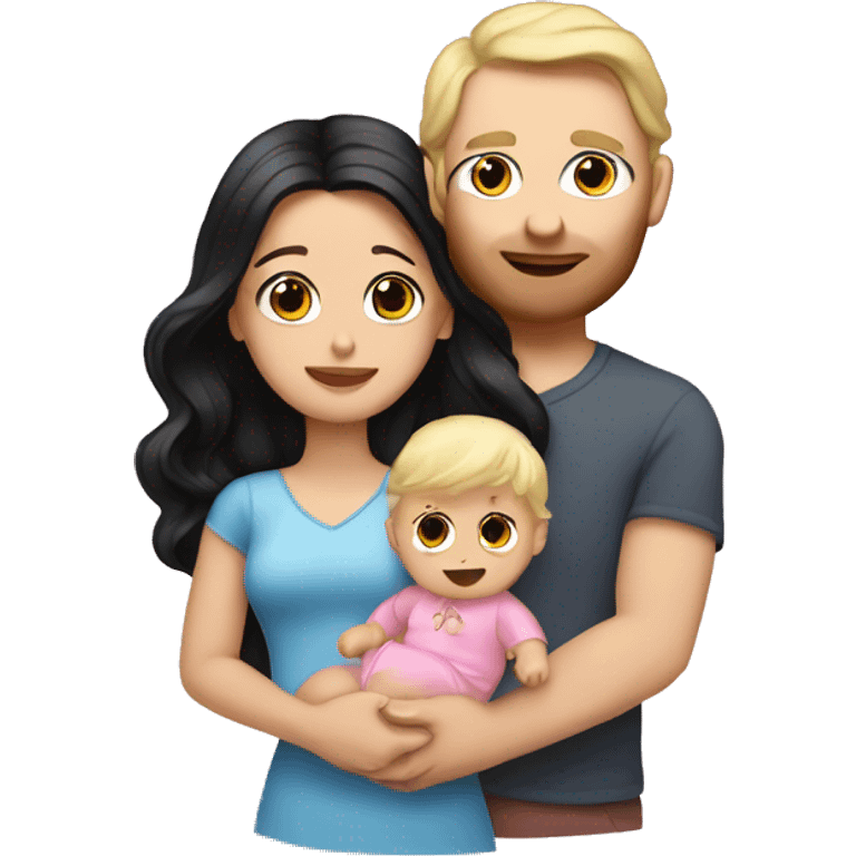 White Woman with long wavy black hair next to white man with blonde hair holding baby with pink bow in hair emoji