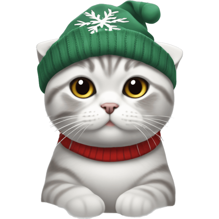 Gato Scottish fold blanco y Gris con gorro de navidad emoji