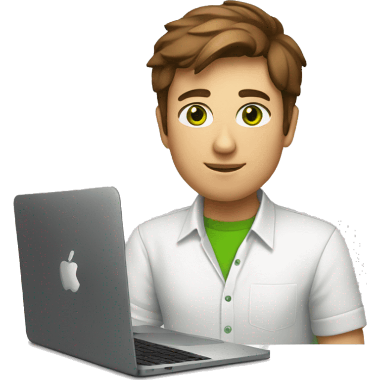 Brown short haired, green eyes, white shirt, developer with macbook emoji