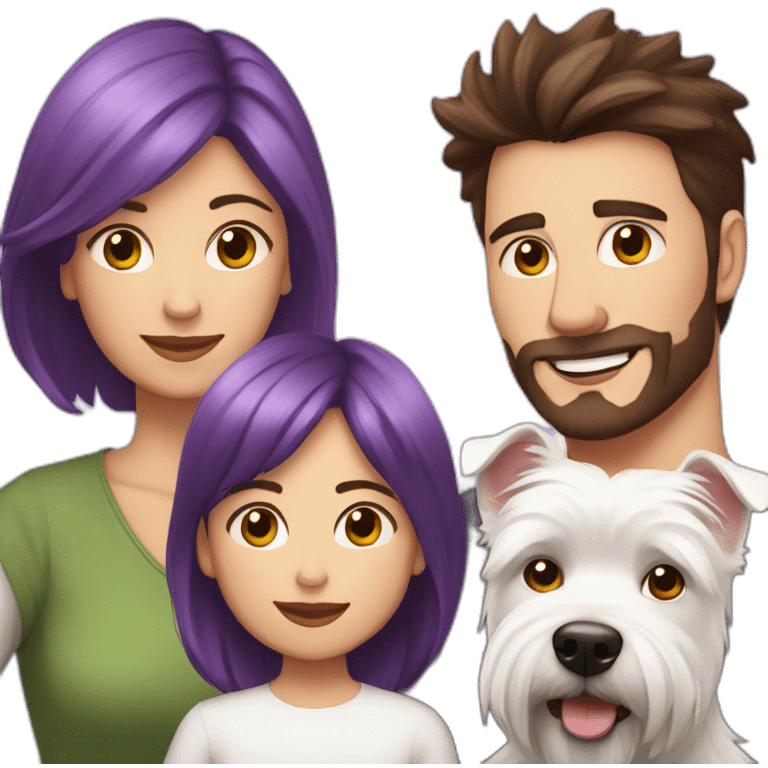 Family picture woman with purple hair, aduld son with dark brown hair and cute West Highland White Terrier emoji