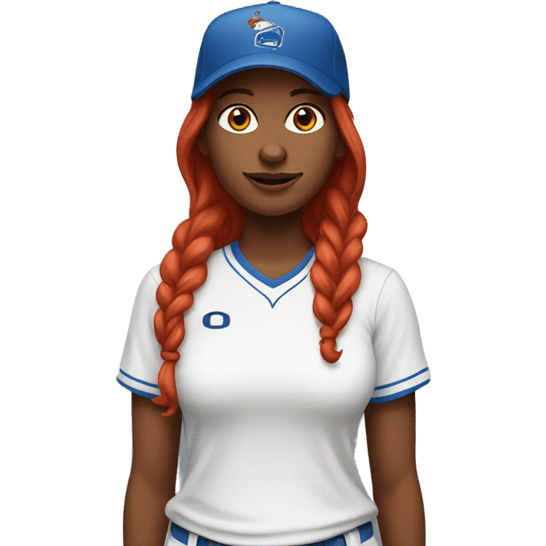 front facing standing up female coach with long red hair, wearing a white t-shirt and a simple baseball blue hat emoji