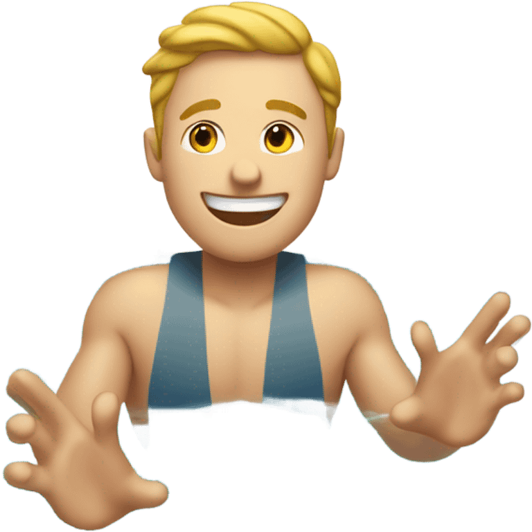 An emoji of a fair-skinned man happily diving headfirst into a pool. emoji