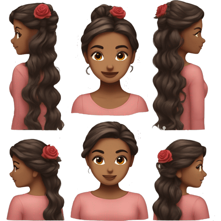 Beautiful, rose, red, flowers in hair, long dark brown hair, fair skin emoji