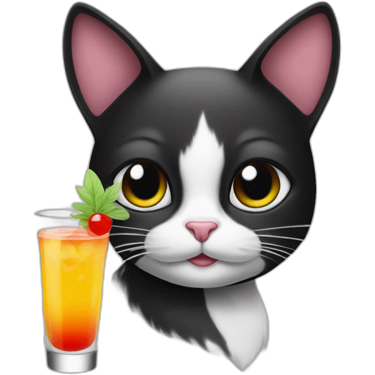 black and white cat with cocktail emoji