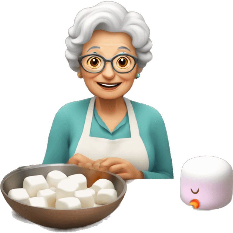 Cute cartoon Italian woman looking grandma holding a marshmallow cooking marshmallows in kitchen emoji