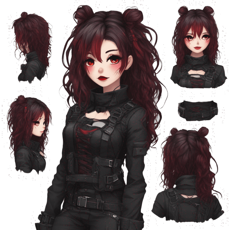 Gorgeous gothic dark techwear anime style lady with blushing face aesthetic and pretty edgy black red punk messy hair with collar and harness trending style emoji