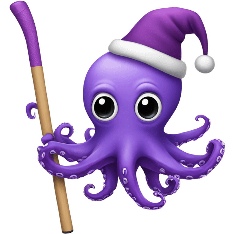 purple octopus wearing santa hat, holding a hockey stick emoji