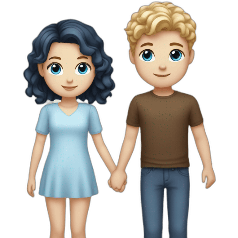 Girl with blonde wavy hair and blue eyes holding hands with brunette short haired boy with white skin and brown eyes emoji