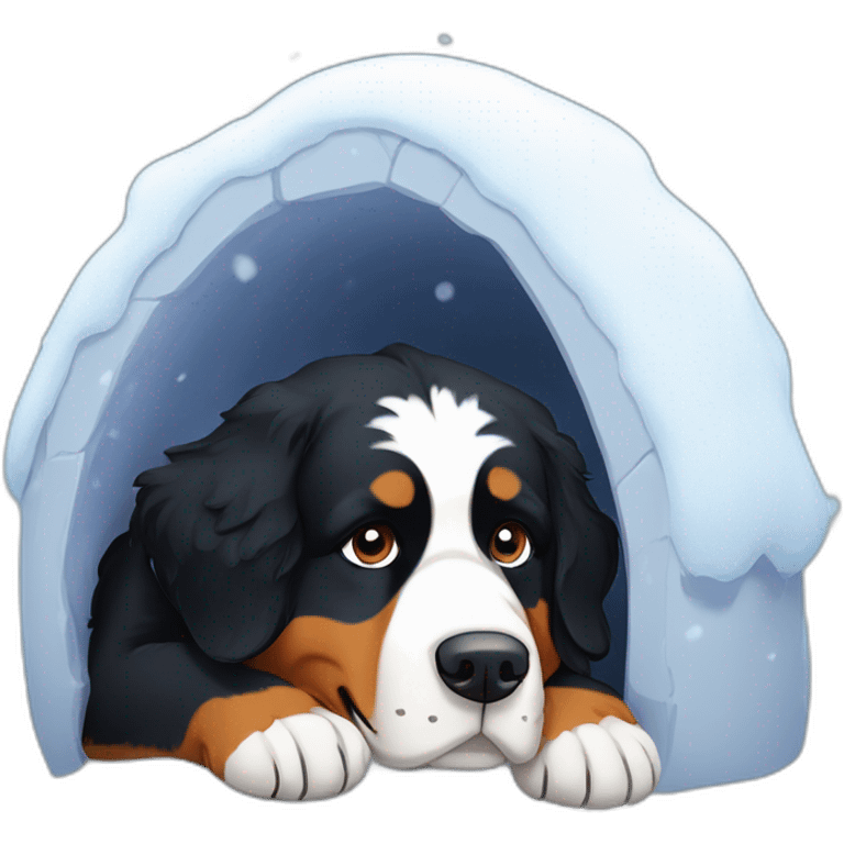 Bernese mountain dog lying in a snow igloo emoji