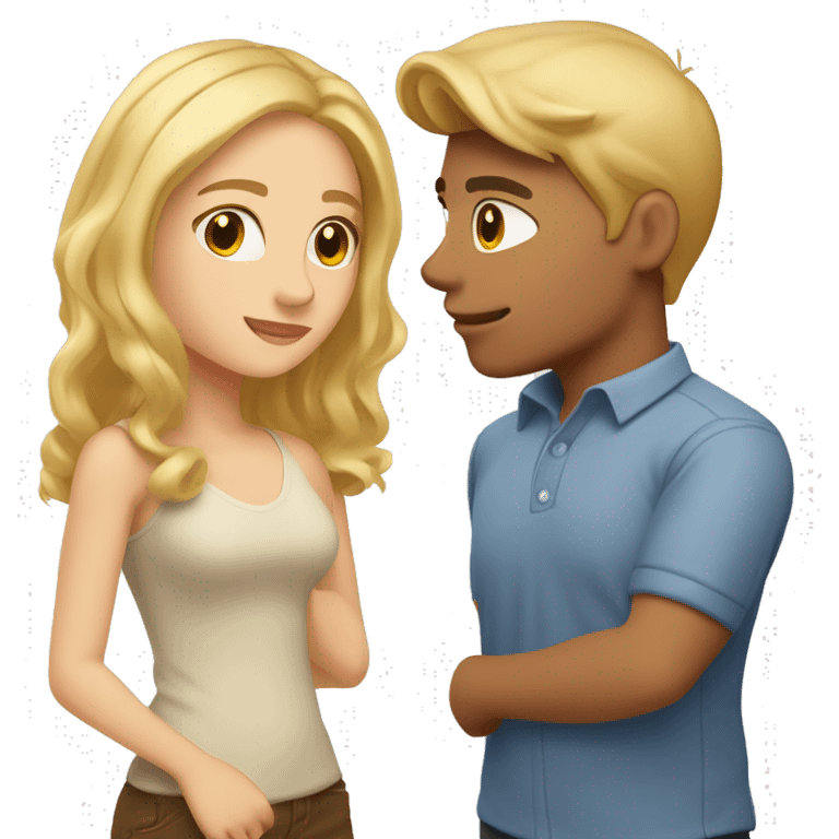 Create a kissing couple a guy with blond hair, a jock with short hair, sideways hair, a girl with honey-colored hair with styling, both have brown eyes emoji